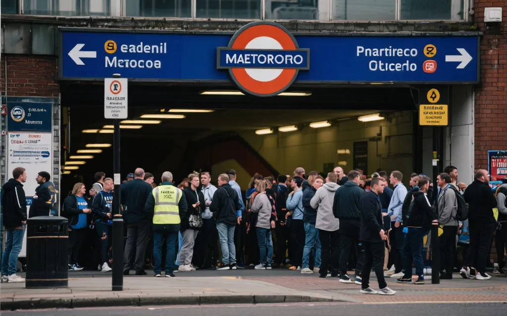 比赛日人群中的交通指引与地铁入口,强调动线与安全